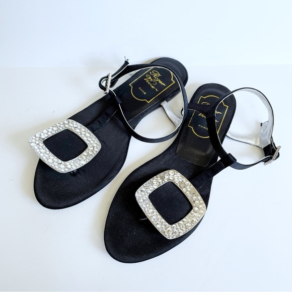 Roger Vivier Black Thong Swarovski Crystal Buckle Flat Satin